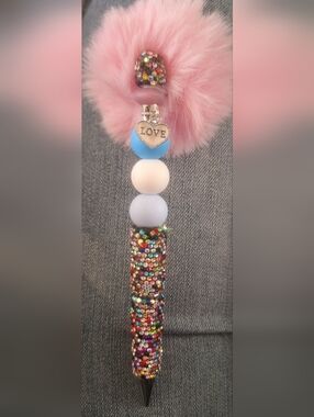 Multi-Color Bling Black Ink Pen with pink furry ball and LOVE heart charm NEW